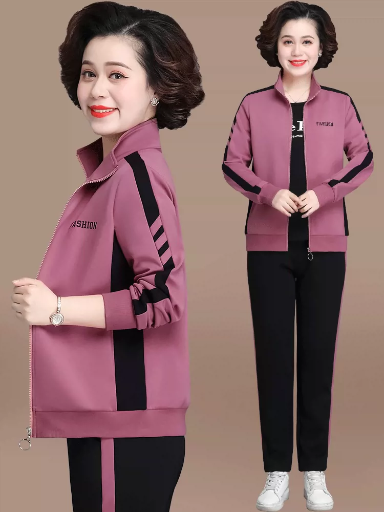 中年妈妈春秋装运动服套装女2025新款中老年时尚洋气外套大码上衣