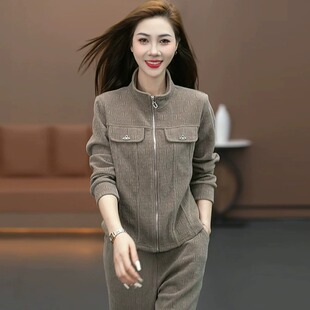2026春秋休闲运动服套装女修身显瘦款直筒裤阔腿裤灯芯绒开衫宽松