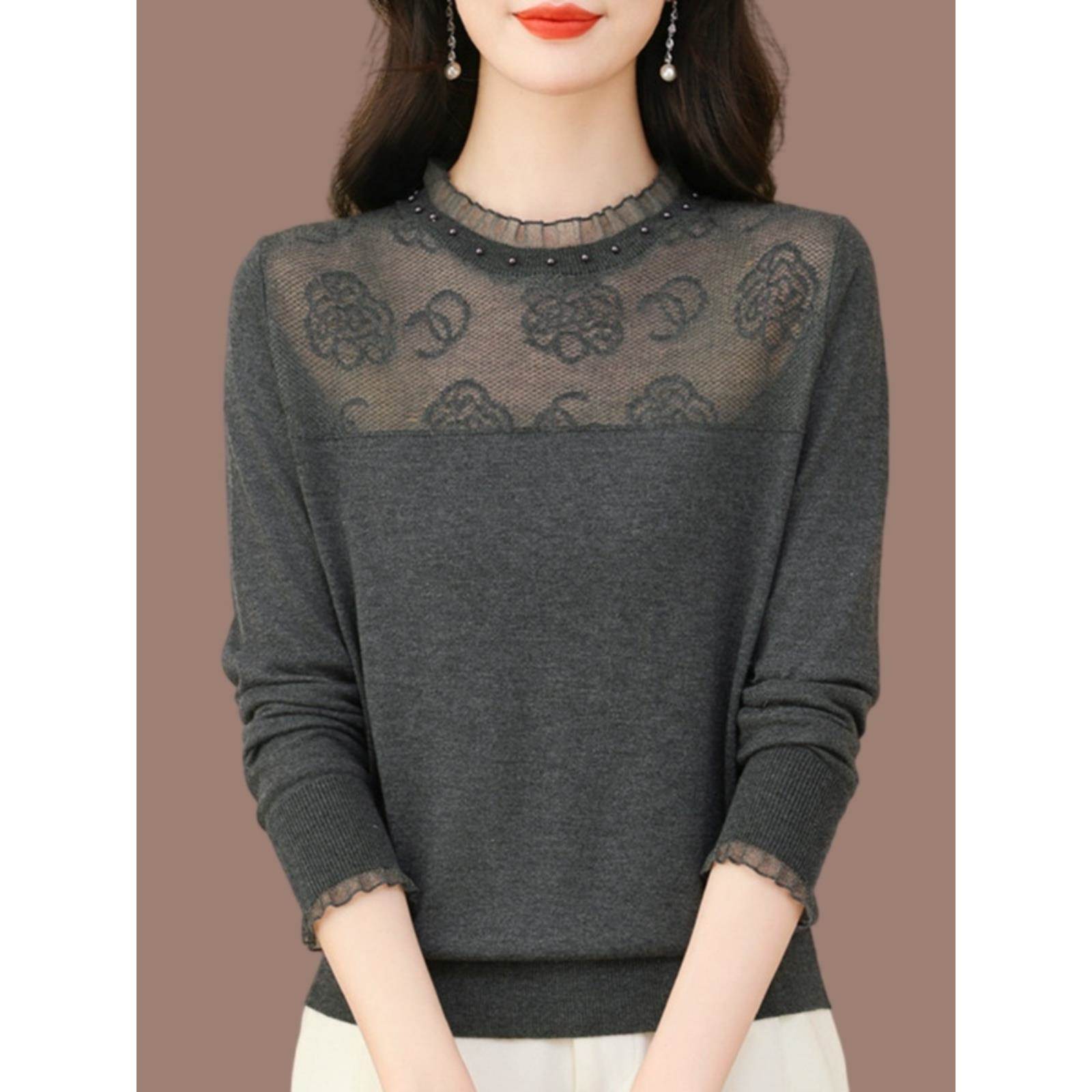 2025春秋中年妈妈长袖t恤女桑蚕丝漂亮时尚小衫蕾丝打底针织上衣