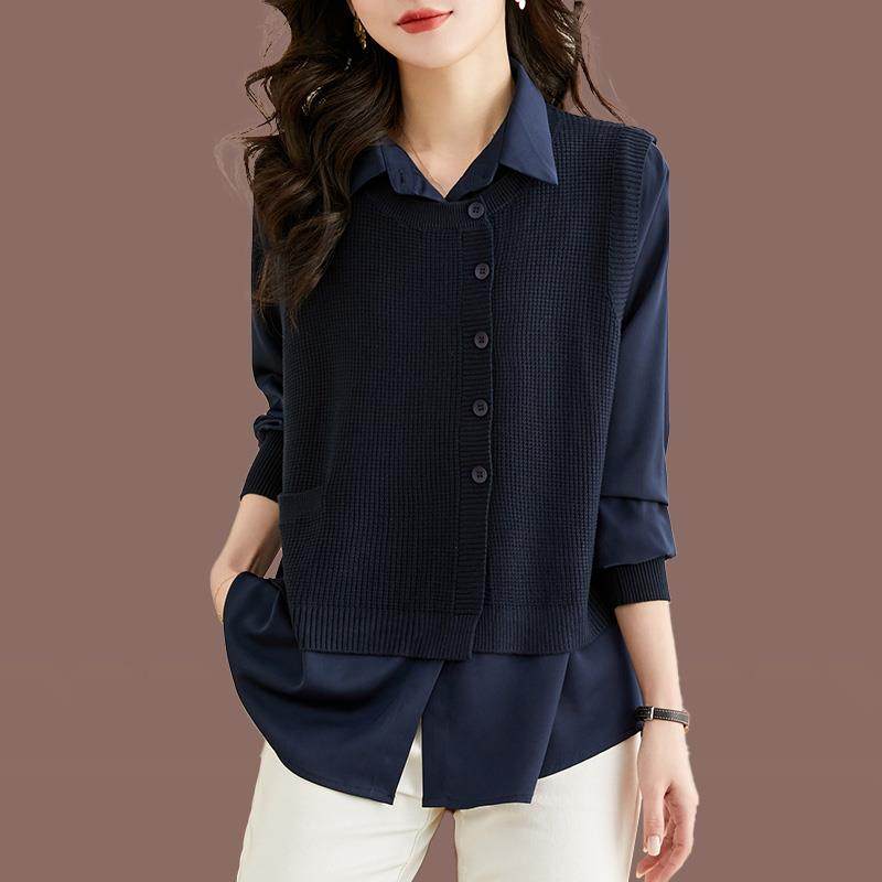 羊毛衫女士2025春季宽松大码假两件针织衫洋气减龄衬衫领打底上衣