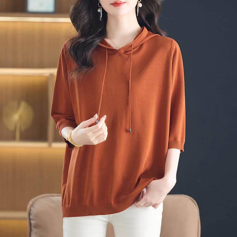 胖妈妈春夏冰丝T恤七分袖女薄款连帽针织上衣宽松遮肚特大码卫衣