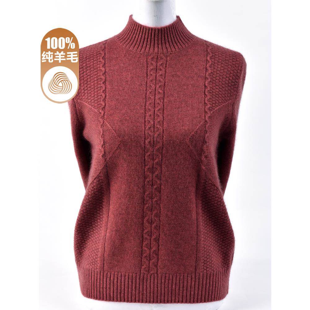 100纯羊毛衫女秋冬加厚半高领中老年妈妈装绣花羊绒打底毛衣大码