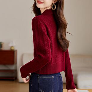 羊毛针织开衫女短款秋冬季新款时尚高腰配裙子上衣红色毛衣小外套
