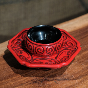 宋研 如意云紋大漆盞托 天然漆器仿剔犀宋式 點茶盞臺天目臺 仿元
