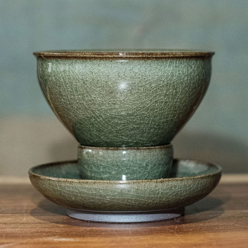 宋研 | 徐文忠柴窑点茶盏 手工冰裂玉子茶末釉仿宋柴烧束口建盏托