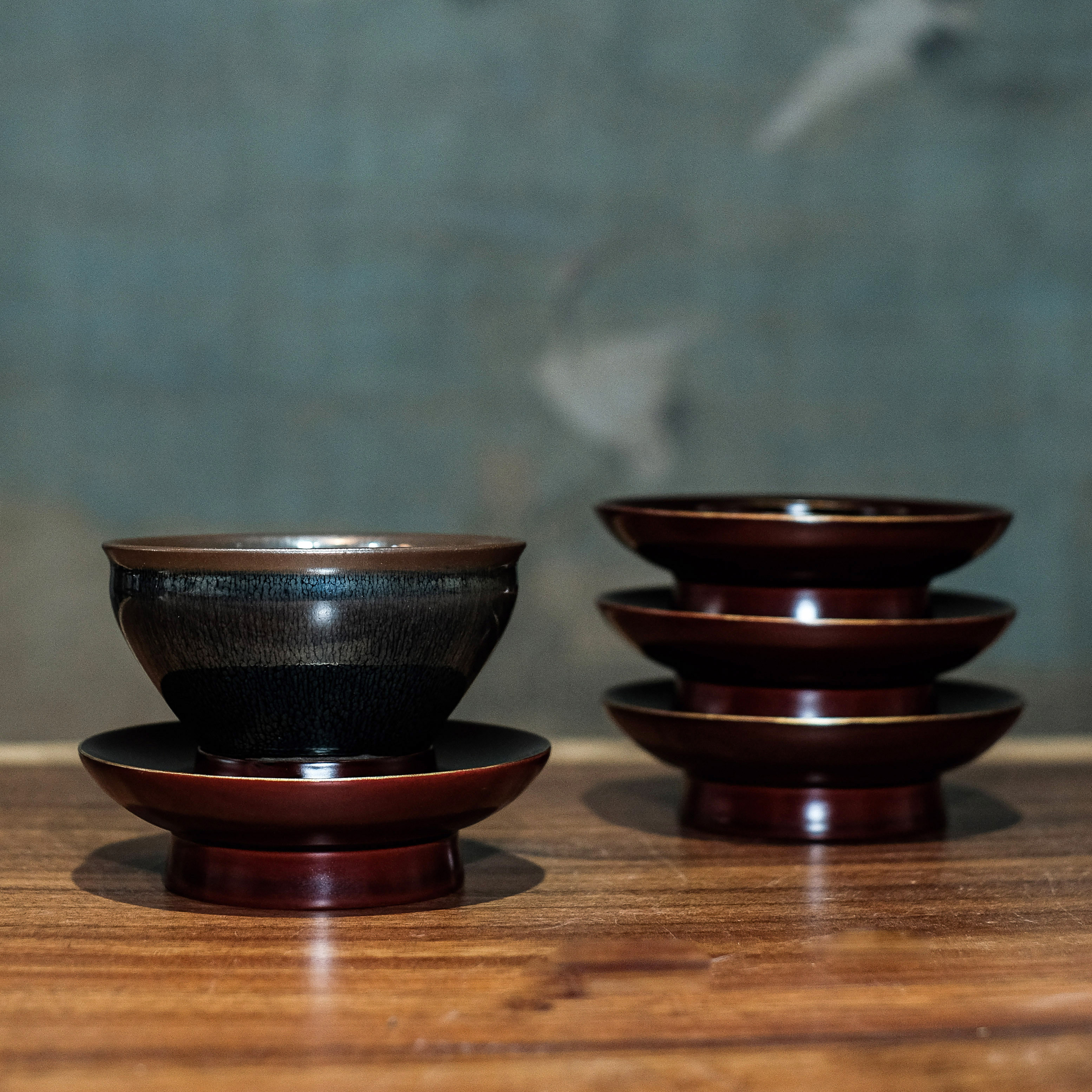 宋研 | 深朱描金边漆器小盏托 福州木胎大漆盏台茶托天目台建盏托