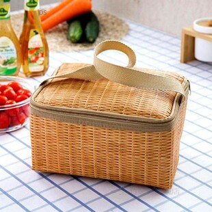Portable Lunch Bag Wicker Rattan Outdoor Waterproof Insulate