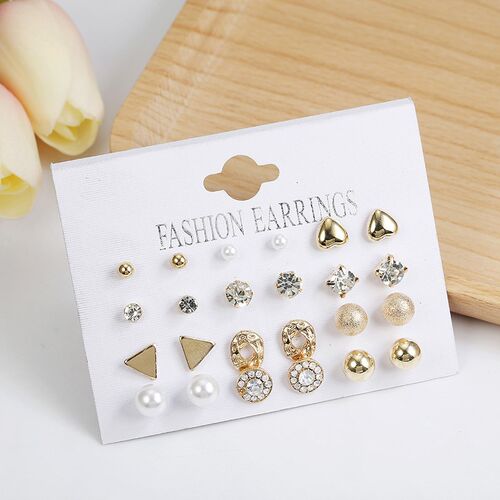 Fashion 12 pair/set Women Square Crystal Heart Stud Earrings