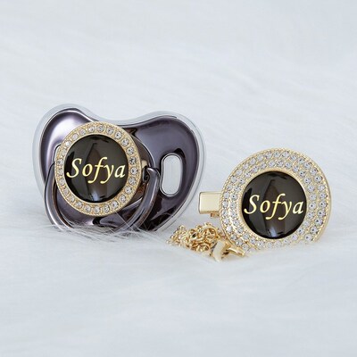 MIYOCAR personalized any name gold bling pacifier and clip