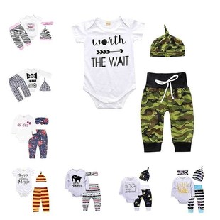 3PCS Newborn Infant Baby Romper Tops+Pants +hat Clothes set
