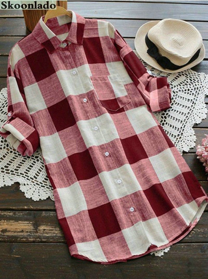 good women cotton linen blouses classic plaid plus size lad