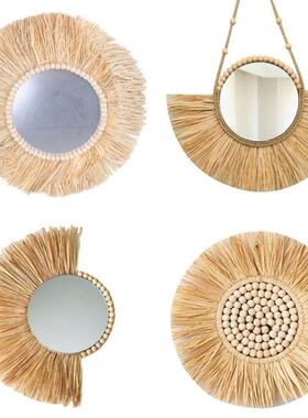 Moroccan Woven Straw Hanging Wall Mirror Boho Macrame Braide