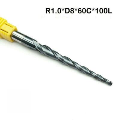 Nose Tapered End Mill Bits R1.0*D8*60*100*2F Long Flute Ball