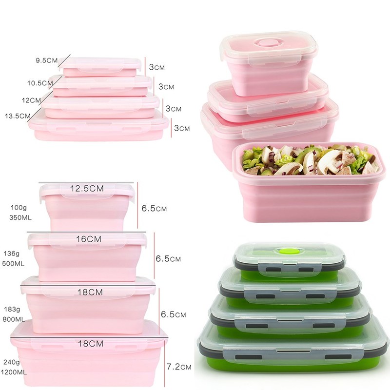 4Pcs/set Silicone Folding Bento Box Collapsible Portable