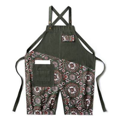 Floral Stitching Canvas Apron Cross Back Adjustable Chef Apr