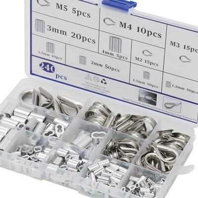 240PCS Crimping Loop Sleeve Kit Wire Rope Thimbles Set Alumi