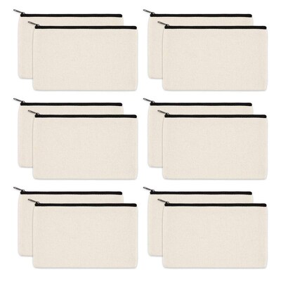 12 Pack Canvas Zipper Bags, Blank DIY Craft Pouches for Tra