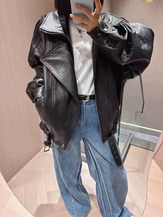 重工机车皮夹克外套潮 进口纯羊皮泡皮宽松廓形真皮皮衣女2024新款