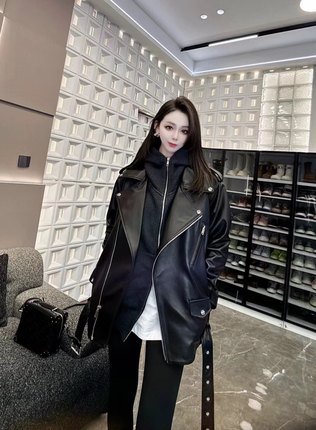 2024新款头层绵羊真皮皮衣女韩版宽松落肩时装外套遮肉显瘦腰带潮