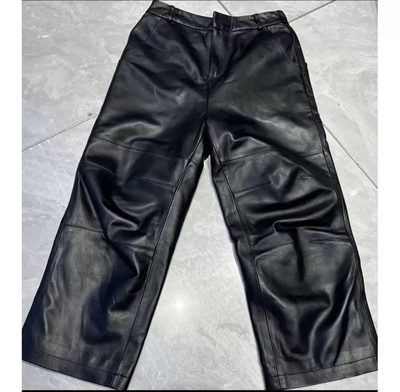2025春秋季新真皮皮裤女绵羊皮八分裤休闲哈伦裤阔腿裤直筒裤裤子