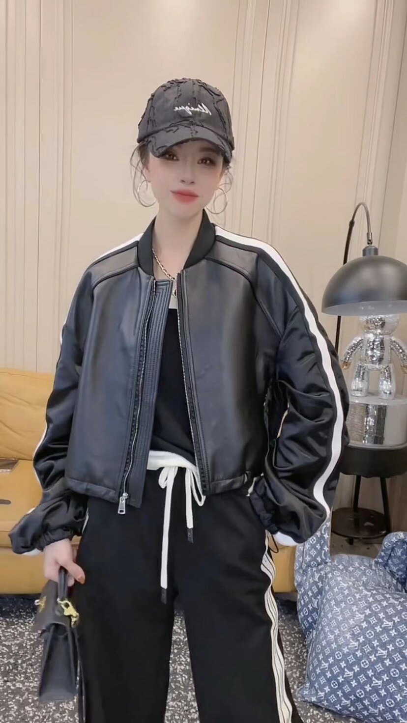 欧货2023年秋季时尚百搭海宁真皮皮衣女拼接立领超短款绵羊皮夹克