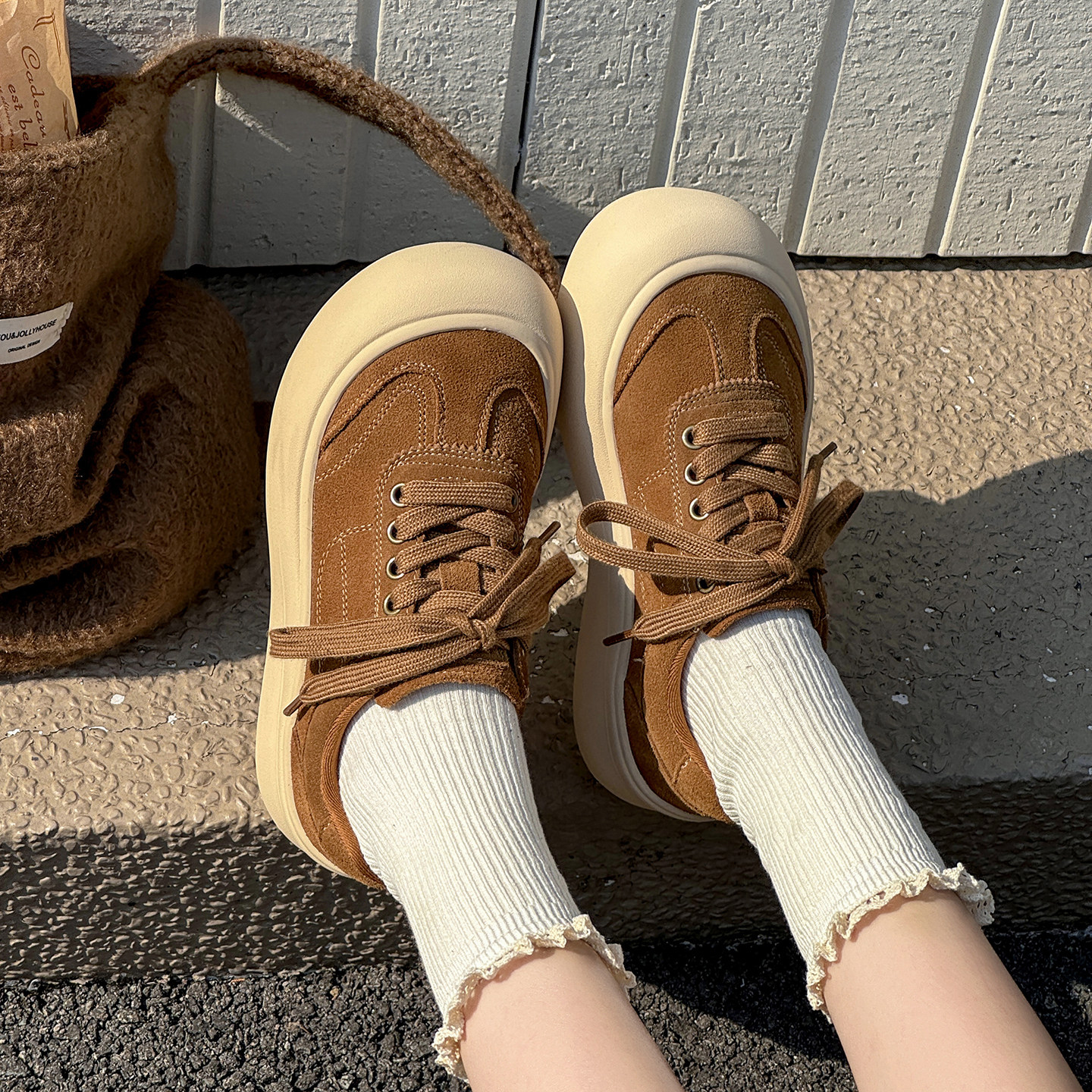 面包鞋女2025秋新款复古真皮百搭厚底增高显脚小丑萌大头休闲板鞋,女鞋,休闲板鞋,淘宝优惠券,粉丝福利购,淘宝优惠卷