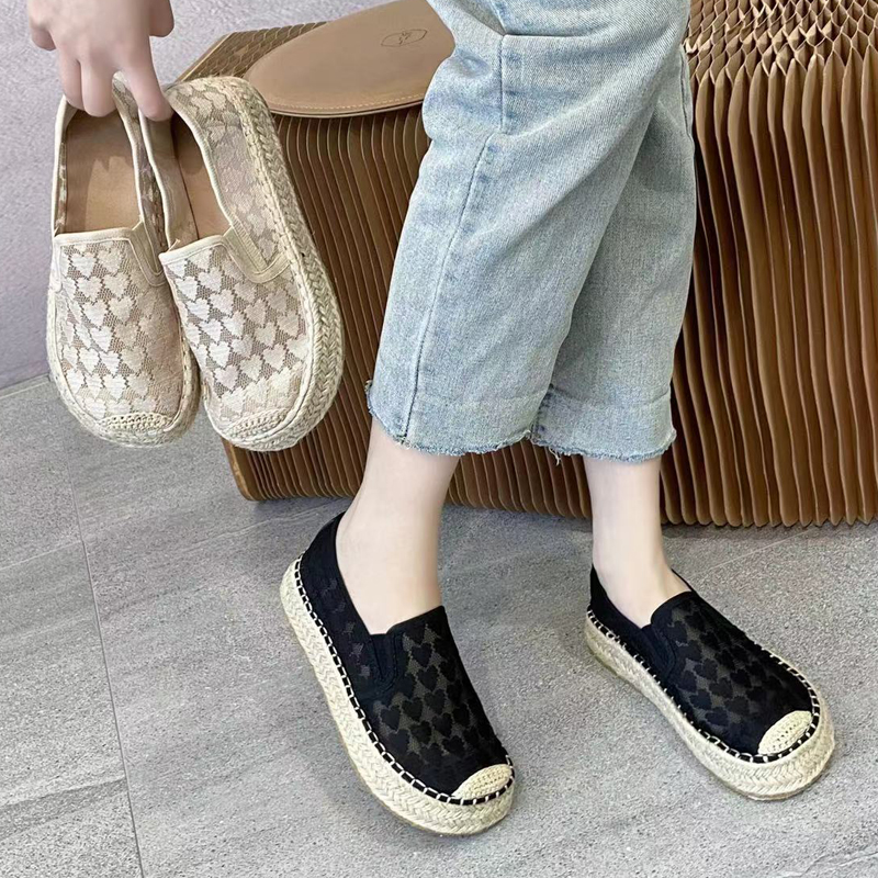 渔夫鞋休闲懒人草编爱心网面厚底