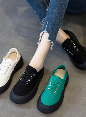 帆布鞋女春夏薄款2026新款大头两穿低帮厚底软底学生百搭黑色板鞋