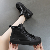 潮 圆头黑色平底ccvv高帮板鞋 短靴女2026秋冬新款 真皮百搭休闲韩版