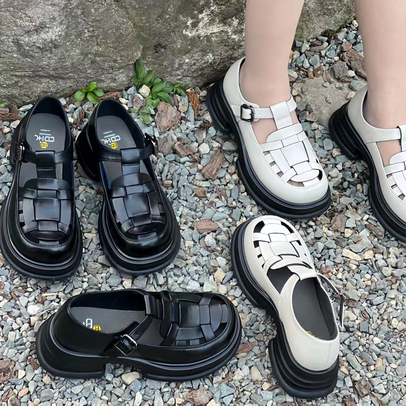 真皮凉鞋时尚包头校园增高厚底休闲百搭英伦风编织粗跟镂空罗马鞋,女鞋,罗马凉鞋,淘宝优惠券,粉丝福利购,淘宝优惠卷