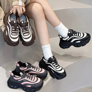 炸街真皮潮流百搭轻便气垫显脚小拼色休闲运动鞋 老爹鞋 女2025新款