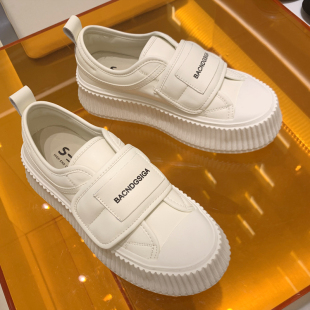 小白鞋 真皮百搭厚底松糕跟魔术贴休闲饼干鞋 面包板鞋 女2026春新款