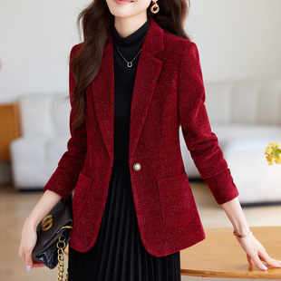 长袖毛呢西装外套酒红色秋冬女装高级感气质高端加厚亮点格子西服