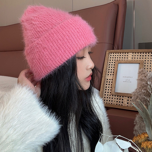 显白树莓粉色仿兔毛针织毛线帽女秋冬季毛茸茸防风护耳帽保暖帽子