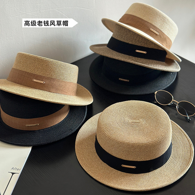 老钱风平顶草帽女士春夏遮阳帽