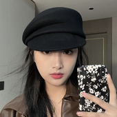 fever同款 纯羊毛报童帽子女秋冬黑色鸭舌帽显脸小贝雷帽羊毡礼帽