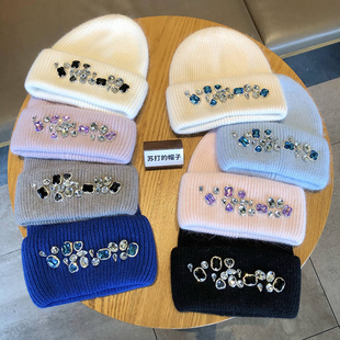 定制款水钻兔毛针织帽显贵手工缝制含真兔毛毛纯色百搭保暖毛线帽
