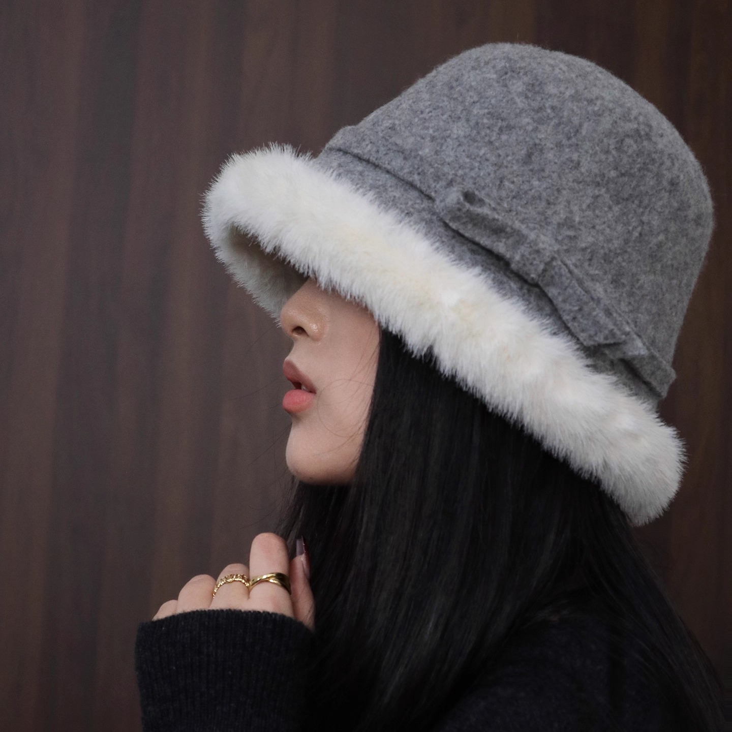 毛茸茸帽檐拼接羊毛渔夫帽礼帽