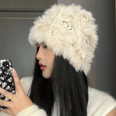 新款 花蕊帽 手工钩花兔毛帽子女显脸小秋冬镂空皮草帽保暖针织帽