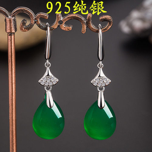 气质复古典纯银绿色玛瑙水滴耳环