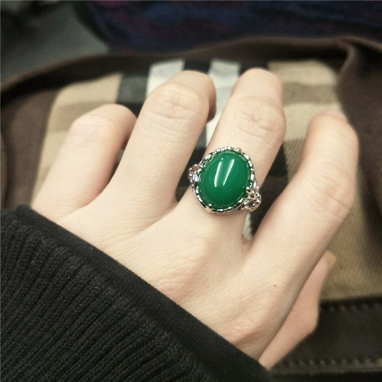 925纯银活口可调节时尚气质绿色玉髓大宝石个性妈妈食指戒指环女