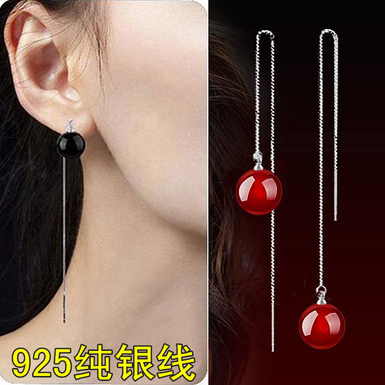 显瘦百搭时尚气质纯银女红色玛瑙长款耳线耳坠耳环轻奢高级感爆款