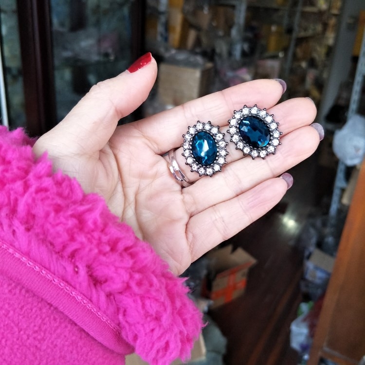 新品复古夸张时尚日韩国气质蓝宝石蓝色镶钻欧美耳钉耳环耳饰品女