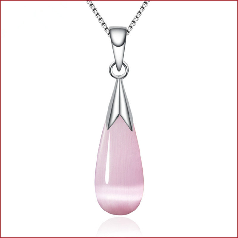 韩国学生简约气质白色粉色猫眼石水滴短款项链吊坠纯银925锁骨链