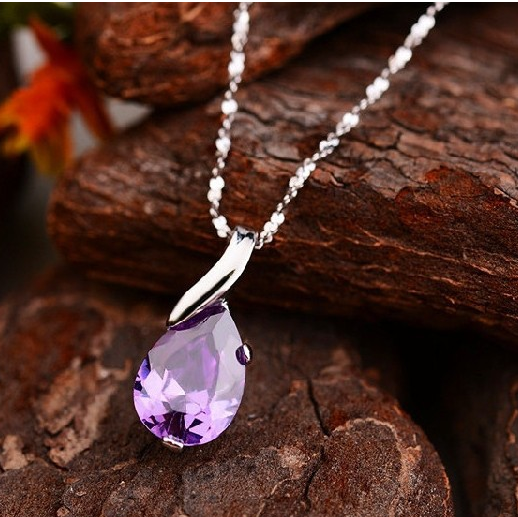 紫色水晶水滴百搭气质925纯银韩国天使之泪短款项链锁骨链颈链女