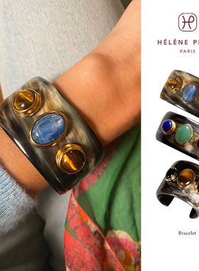 HELENE PRIME天然牛角多颗天然石宽版开口手镯小众设计纯手工腕饰