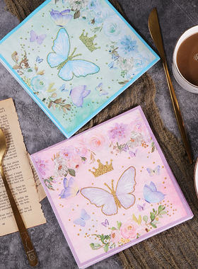 新款蓝色粉色蝴蝶皇冠印花纸巾 跨境热销彩色餐巾纸 派对纸巾20张