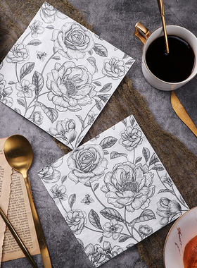 新款黑色玫瑰印花餐巾纸 彩色纸巾 蝶骨巴特手工DIY材料用纸 20张