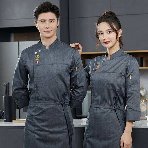 高端厨师服秋冬高级灰纯棉烘焙
