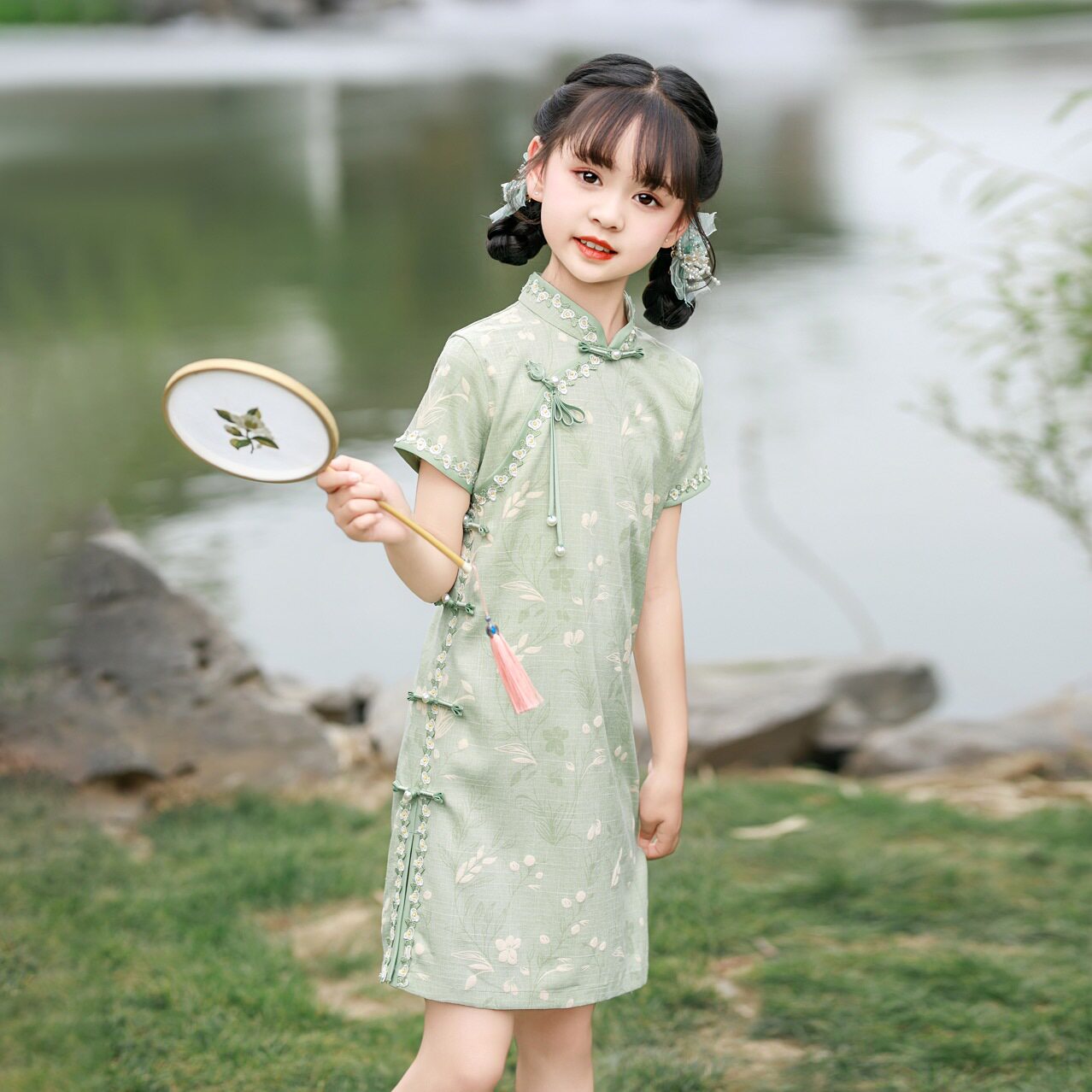 旗袍女童中考绿色送考旗袍裙